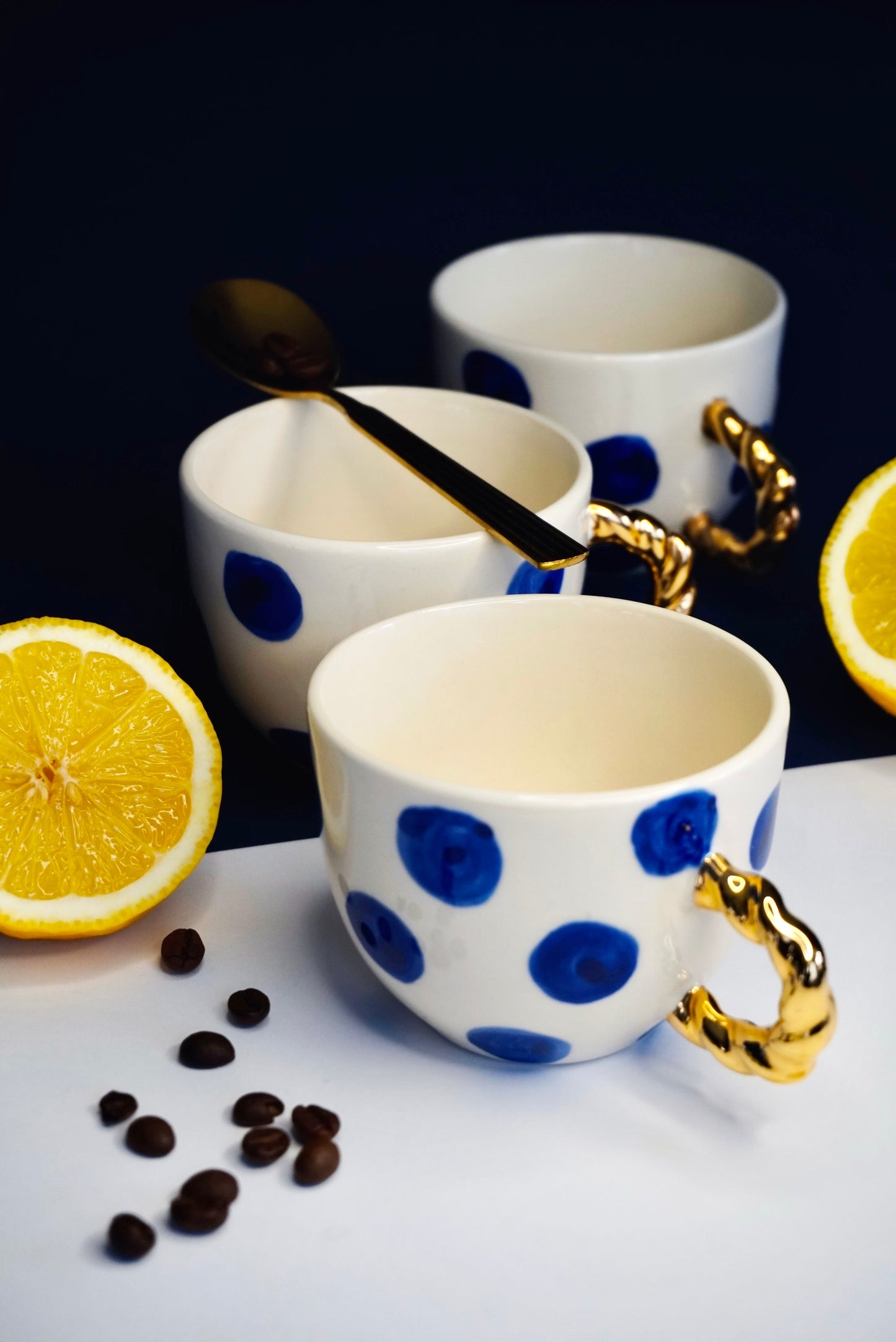 Porcelain Cappuccino Cup BLUE POLKA DOTS - ZLATNAporcelain