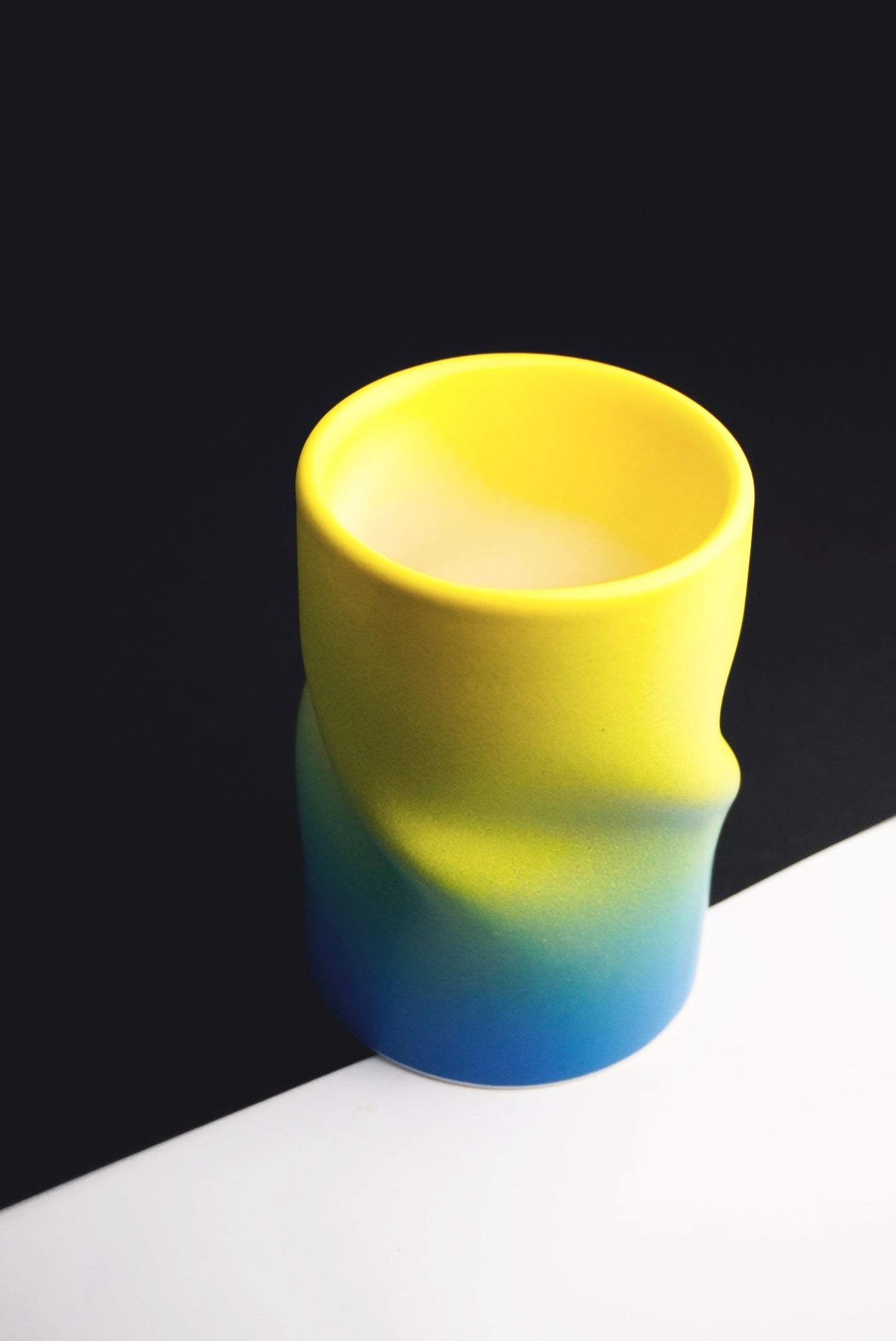 Porcelain Curved Coffee Cup Yellow & Blue Matte Ombré