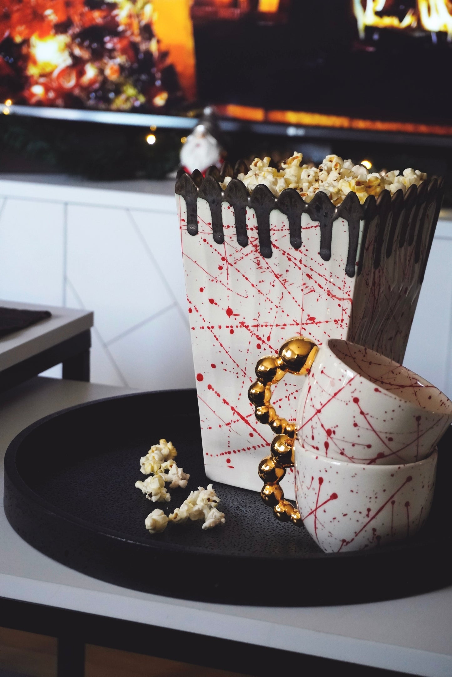 Porcelain Popcorn Bowl Red Splashes & Bronze