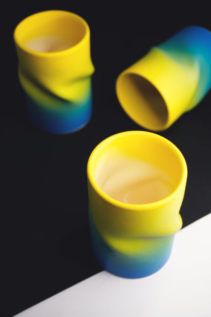 Porcelain Curved Coffee Cup Yellow & Blue Matte Ombré