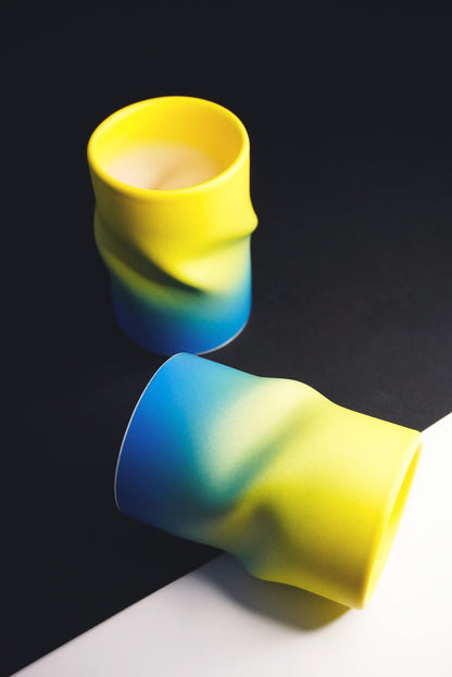 Porcelain Curved Coffee Cup Yellow & Blue Matte Ombré