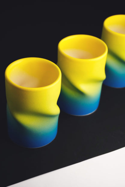 Porcelain Curved Coffee Cup Yellow & Blue Matte Ombré