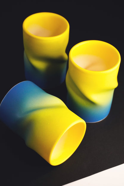 Porcelain Curved Coffee Cup Yellow & Blue Matte Ombré