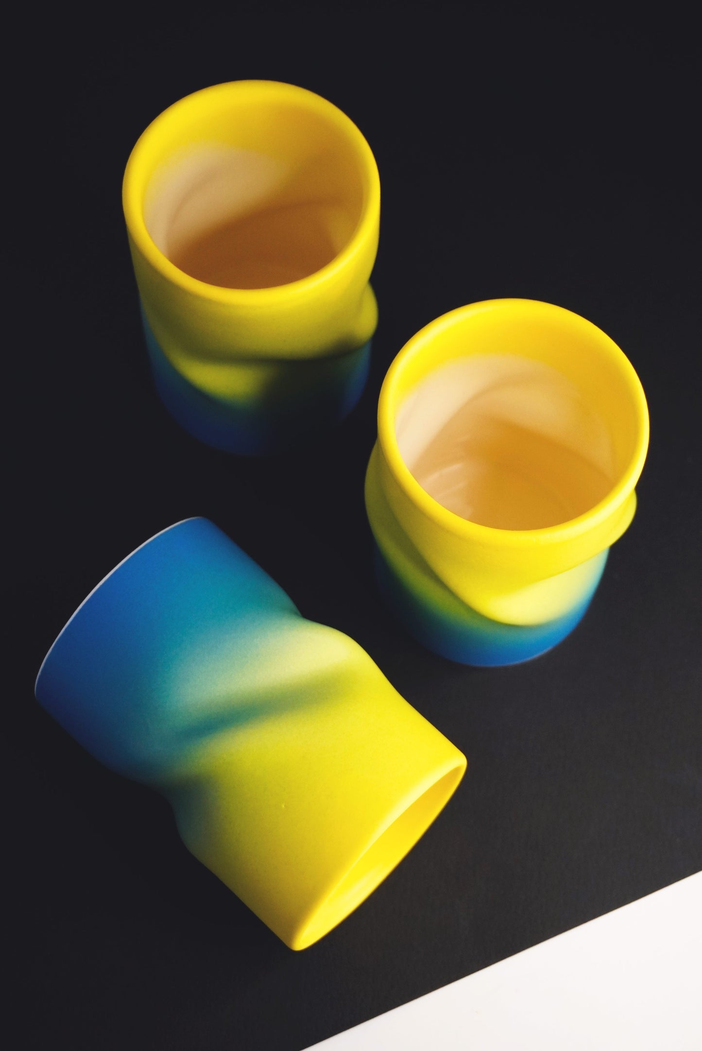 Porcelain Curved Coffee Cup Yellow & Blue Matte Ombré