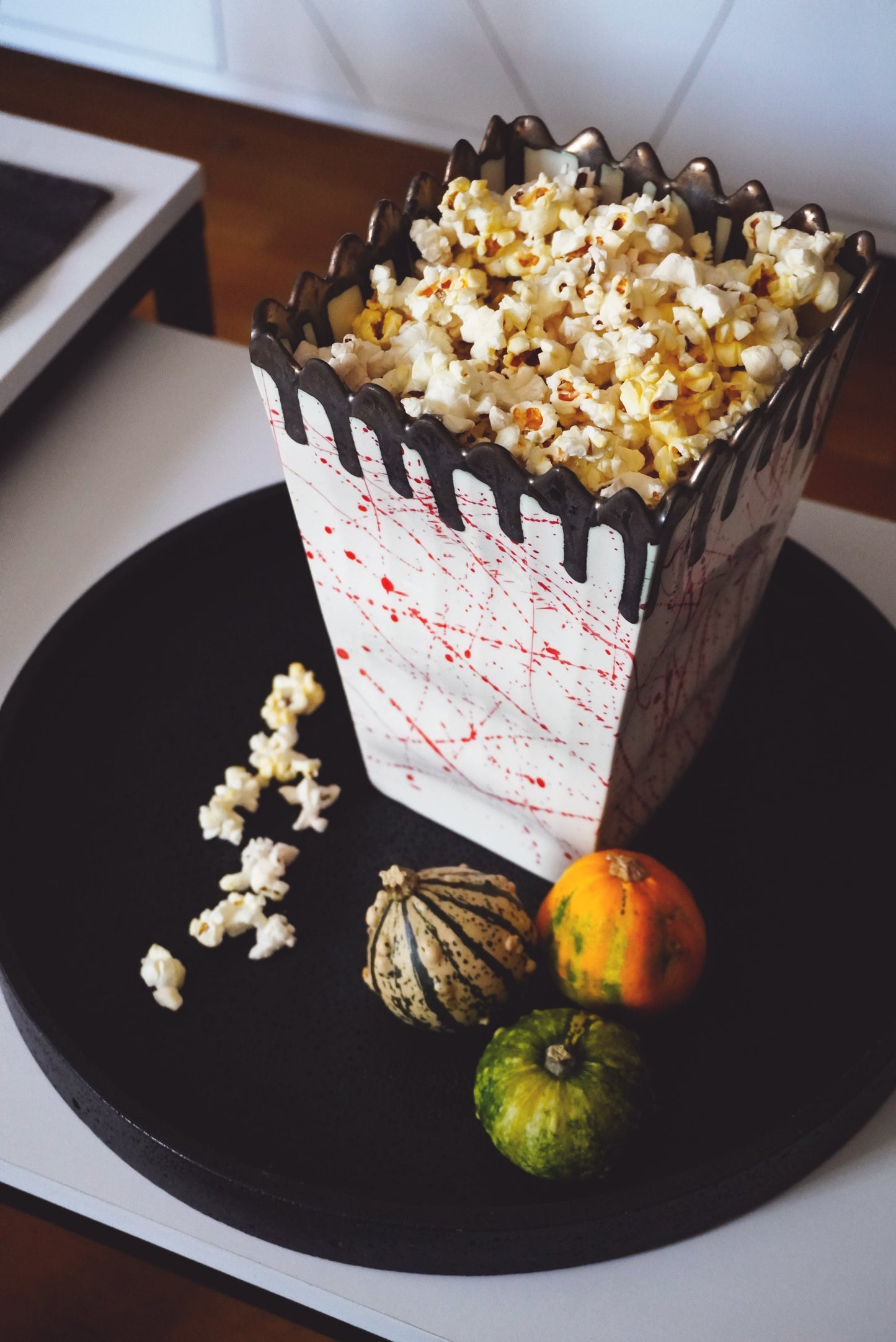 Porcelain Popcorn Bowl Red Splashes & Bronze