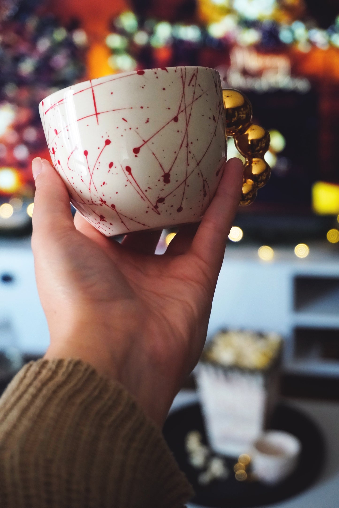 Porcelain Cappuccino Mug RED SPLASHES & GOLD