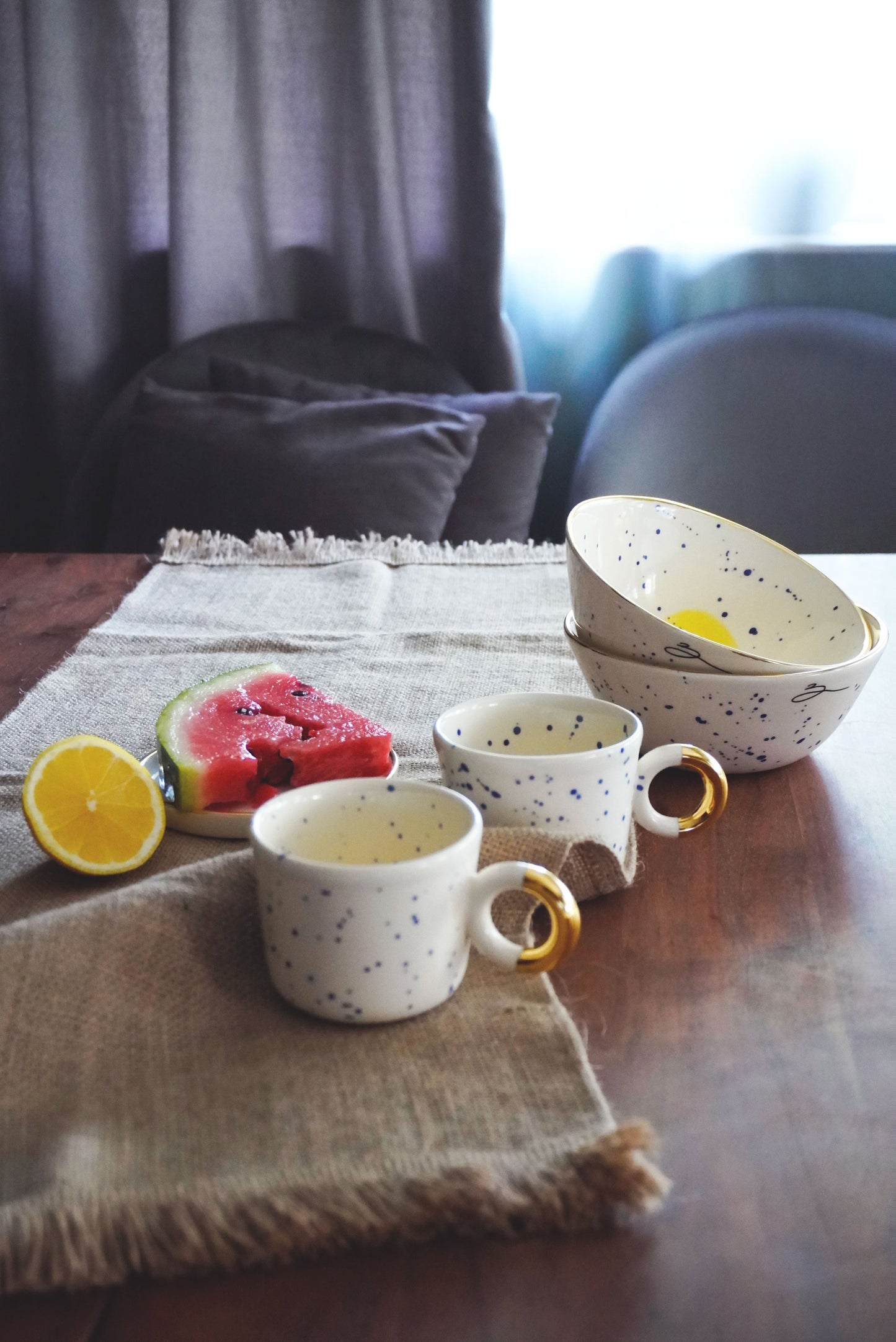 Porcelain Small Bowl With Blue Splashes & Yellow Bottom