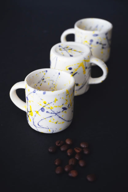 Porcelain Espresso Set Of 2 Cups With Yellow & Purple Splashes