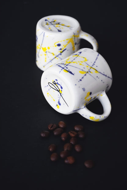 Porcelain Espresso Set Of 2 Cups With Yellow & Purple Splashes