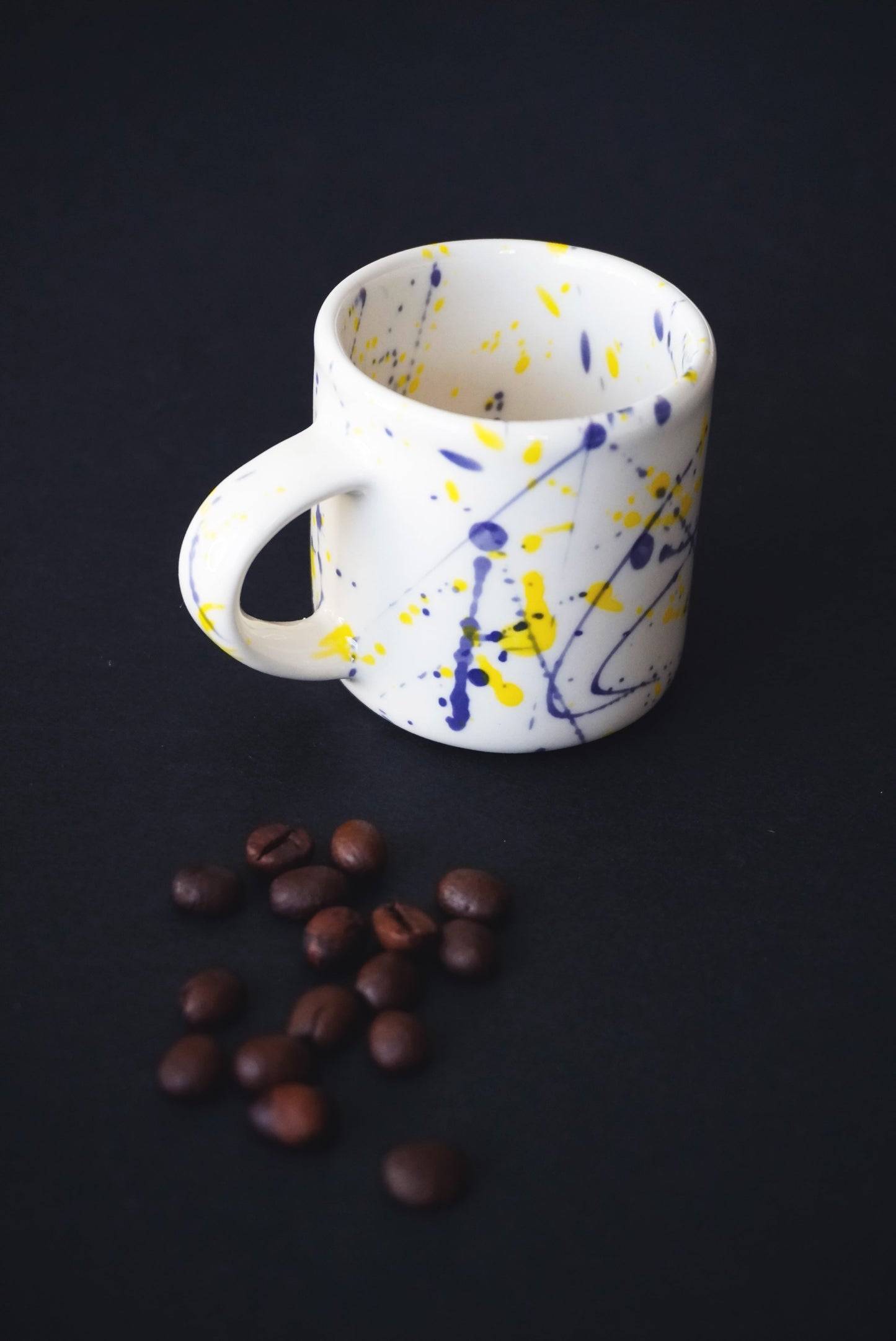 Porcelain Espresso Set Of 2 Cups With Yellow & Purple Splashes