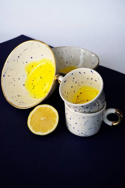 Porcelain Small Bowl With Blue Splashes & Yellow Bottom