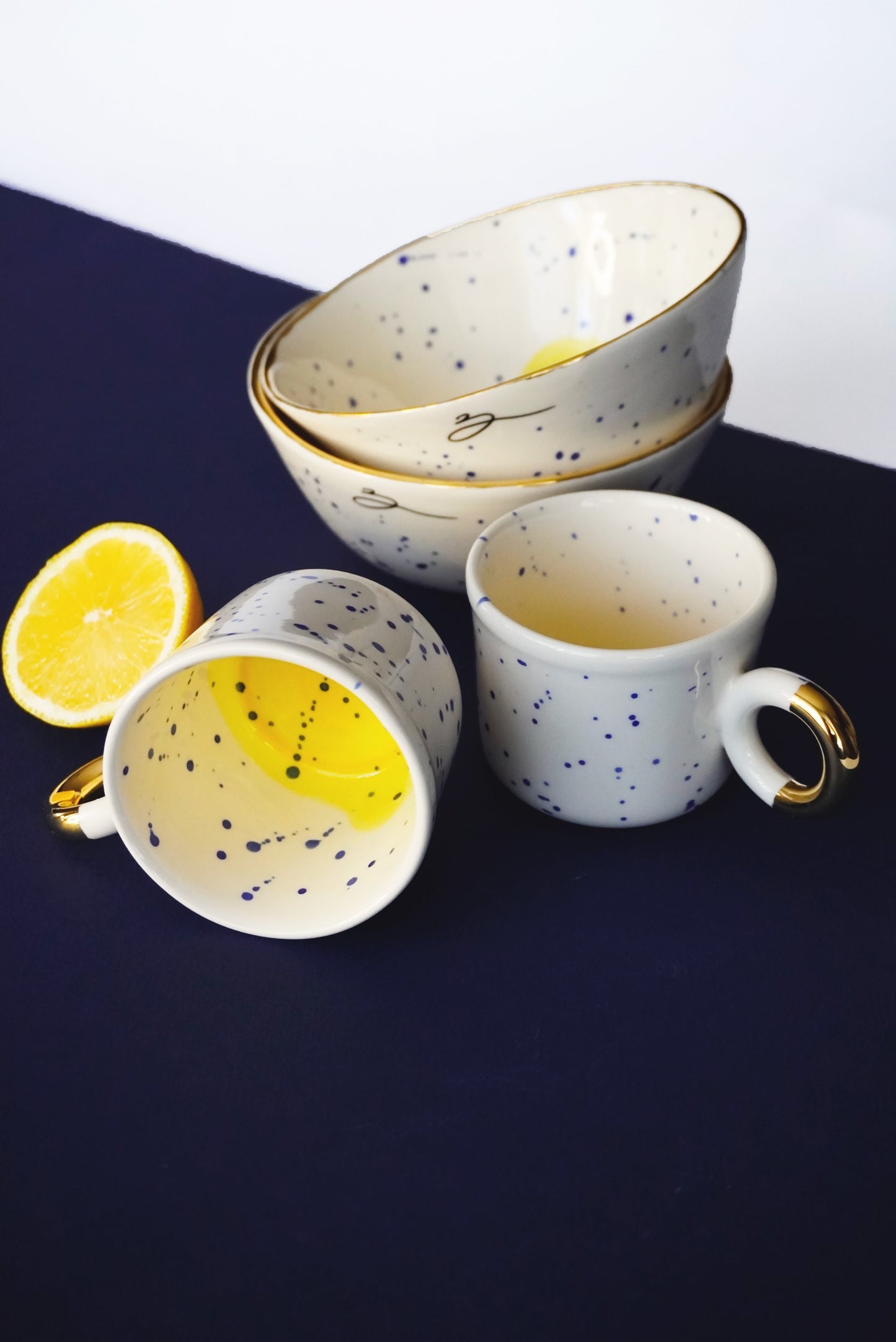 Porcelain Small Bowl With Blue Splashes & Yellow Bottom