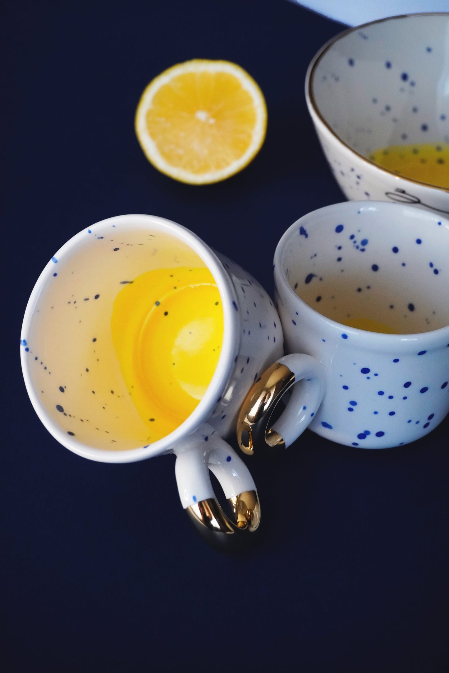 Porcelain Cappuccino Cup With Blue Splashes & Yellow Bottom