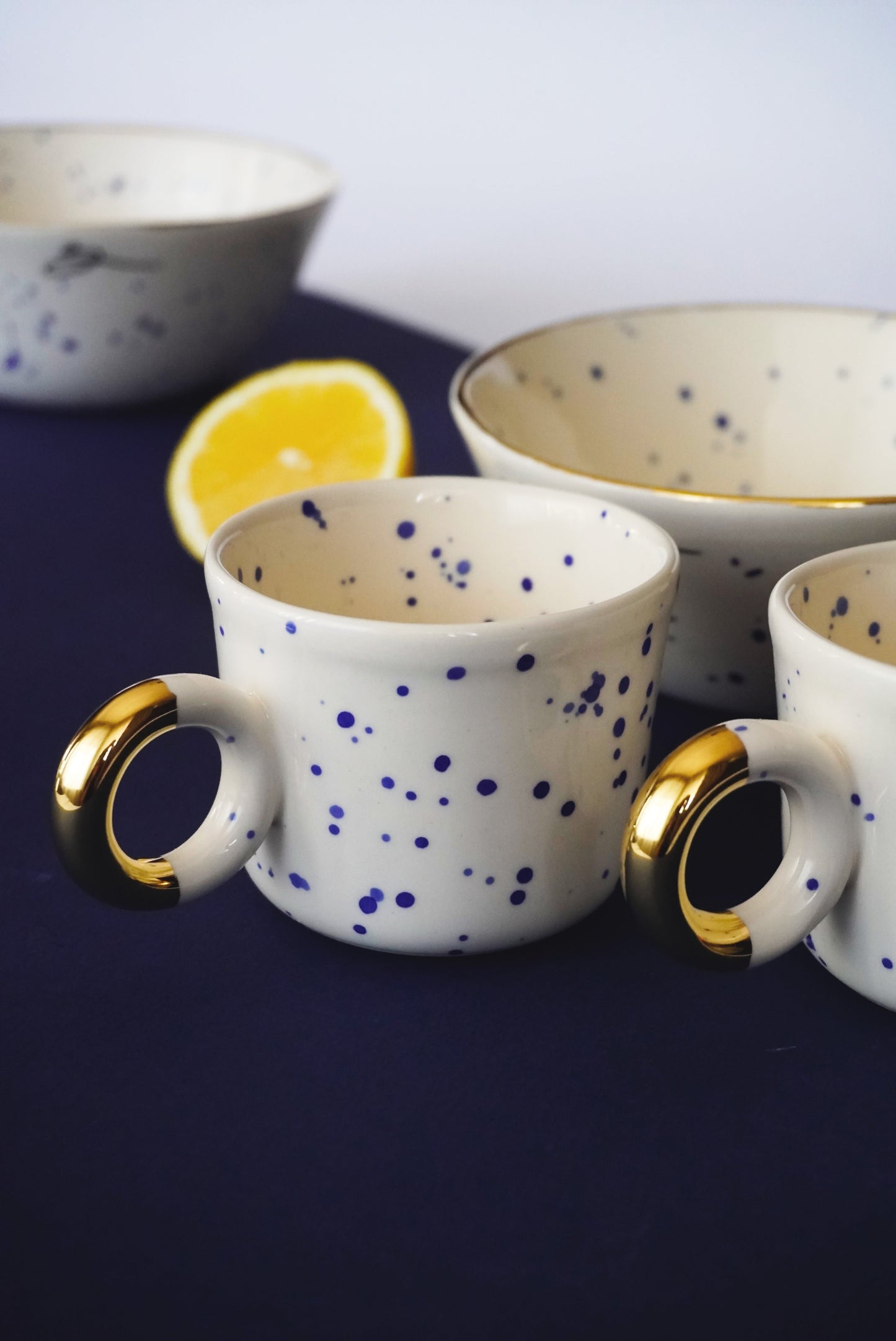 Porcelain Cappuccino Cup With Blue Splashes & Yellow Bottom