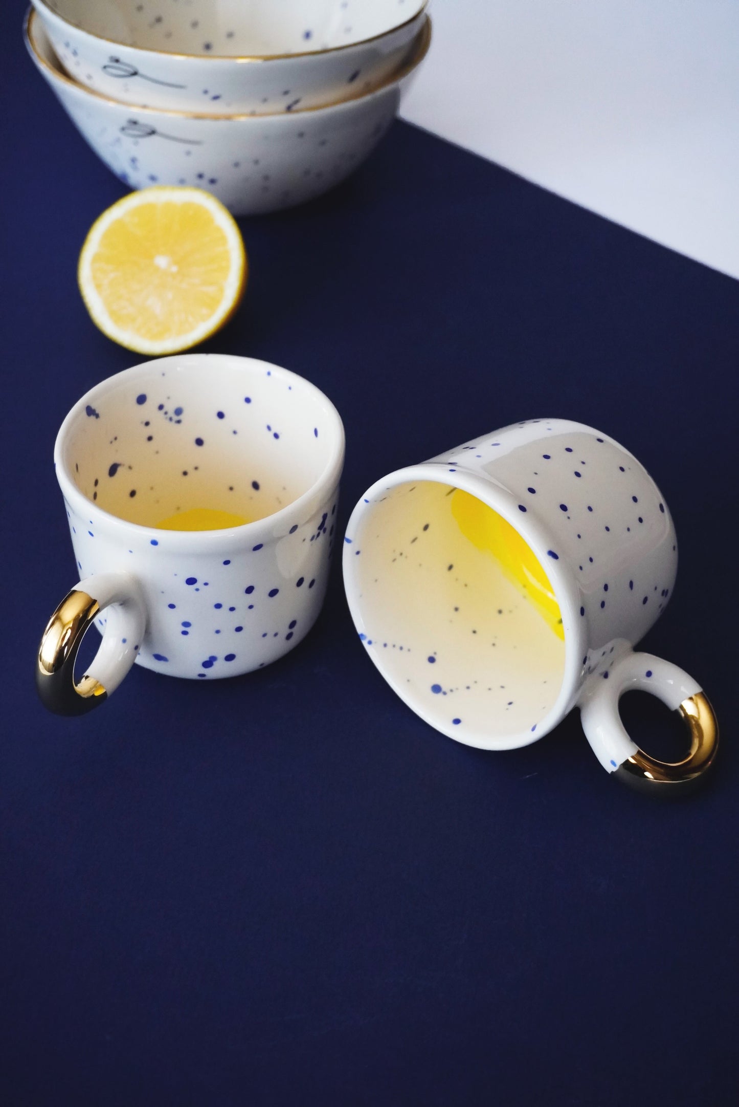 Porcelain Cappuccino Cup With Blue Splashes & Yellow Bottom