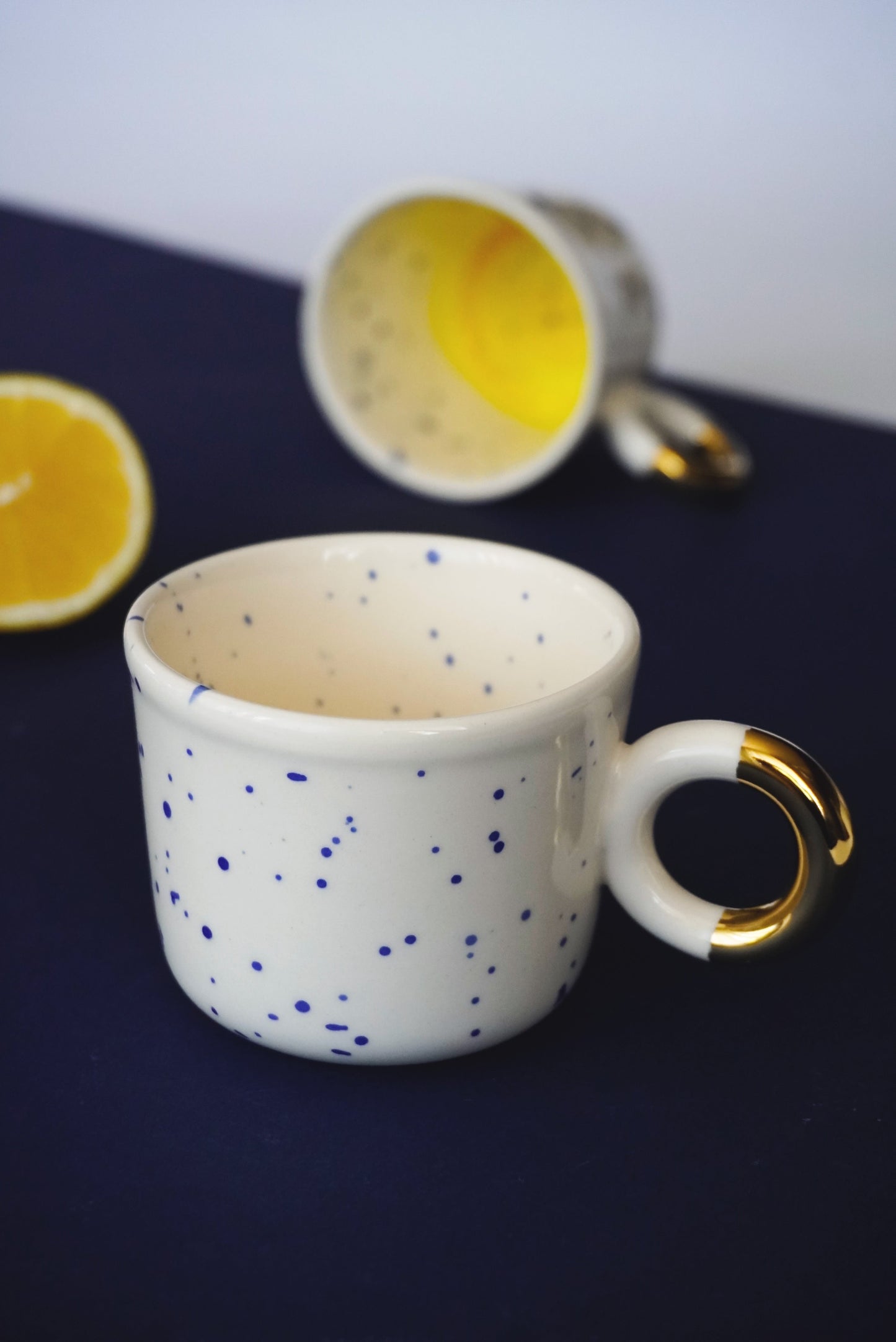 Porcelain Cappuccino Cup With Blue Splashes & Yellow Bottom