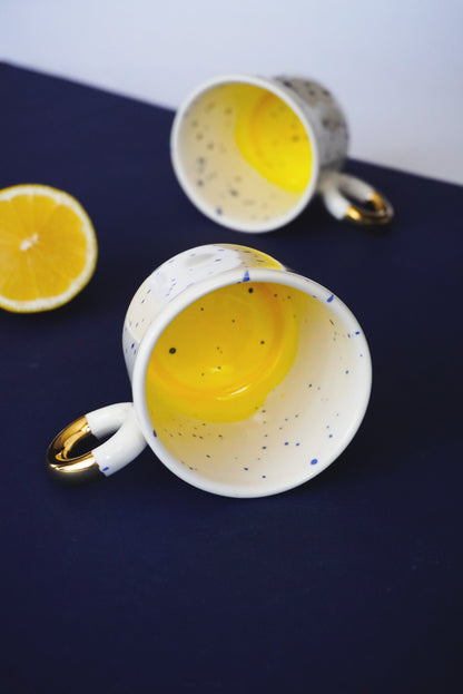 Porcelain Cappuccino Cup With Blue Splashes & Yellow Bottom