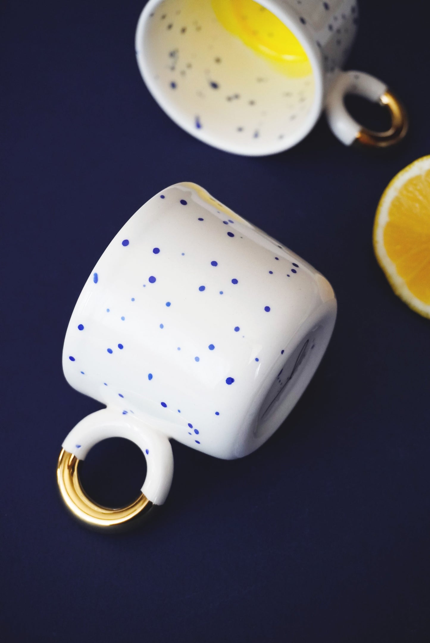 Porcelain Cappuccino Cup With Blue Splashes & Yellow Bottom