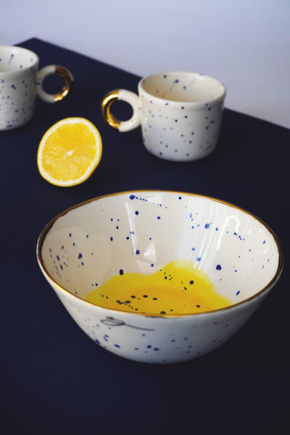 Porcelain Small Bowl With Blue Splashes & Yellow Bottom