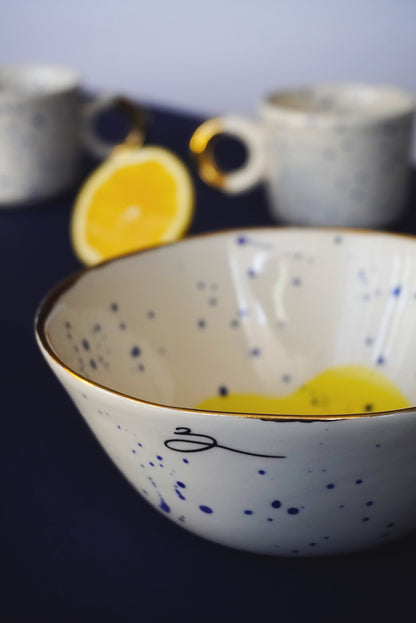 Porcelain Small Bowl With Blue Splashes & Yellow Bottom