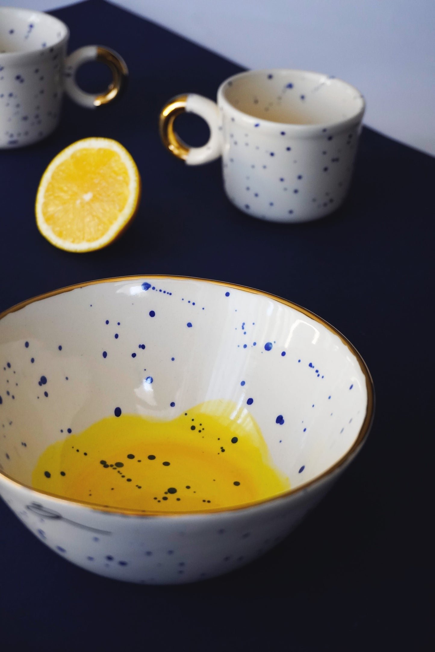 Porcelain Small Bowl With Blue Splashes & Yellow Bottom