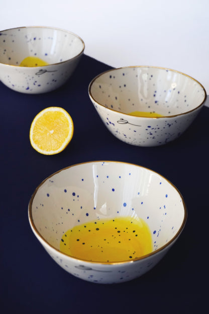 Porcelain Small Bowl With Blue Splashes & Yellow Bottom