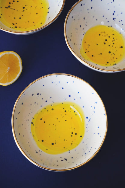 Porcelain Small Bowl With Blue Splashes & Yellow Bottom