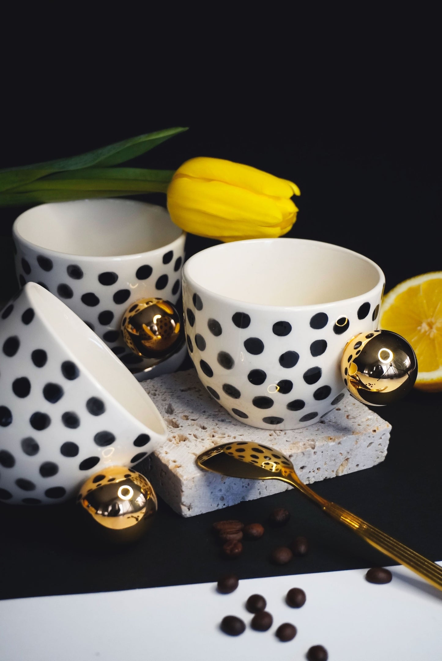 Porcelain 4 Pieces Set Of 2 Cappuccino & 2 Espresso Cups Polka Dots