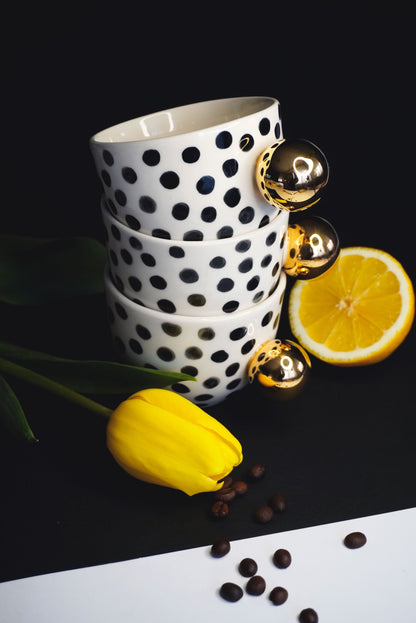 Porcelain 4 Pieces Set Of 2 Cappuccino & 2 Espresso Cups Polka Dots