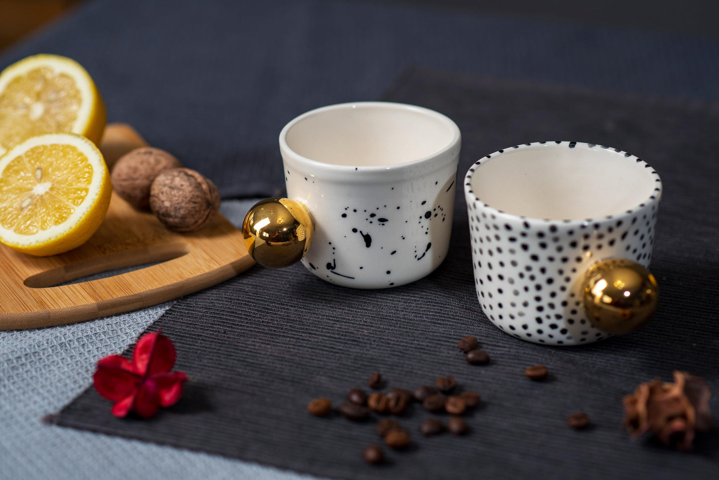 Porcelain white cup with black details & 24k genuine gold luster handle - ZLATNAporcelain
