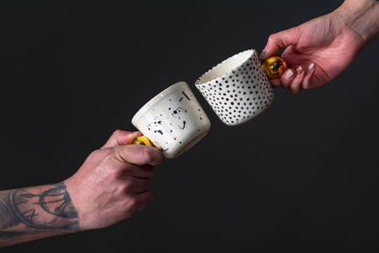 Porcelain white cup with hand painted black dots & 24k genuine gold luster handle - ZLATNAporcelain