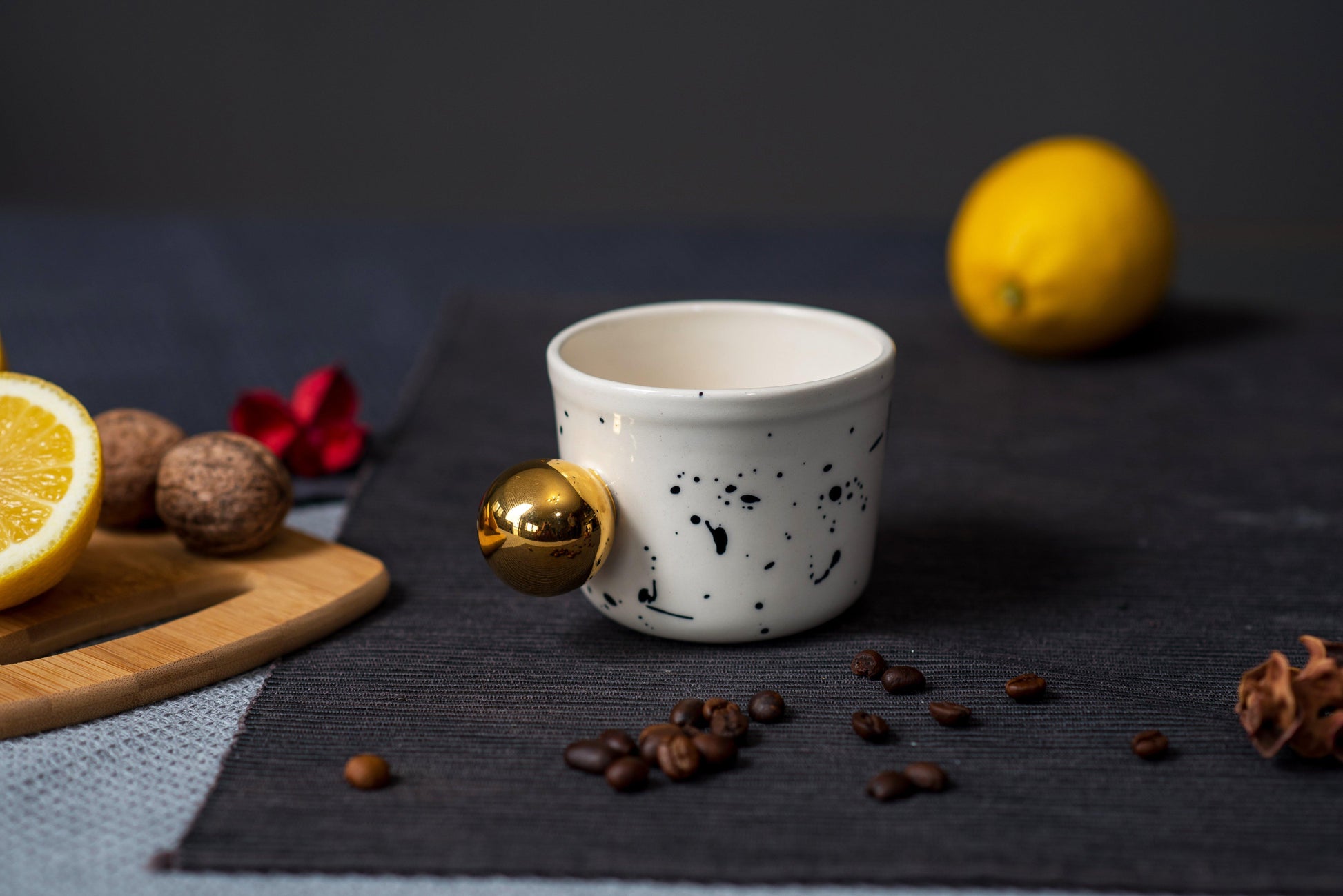 Porcelain white cup with black details & 24k genuine gold luster handle - ZLATNAporcelain