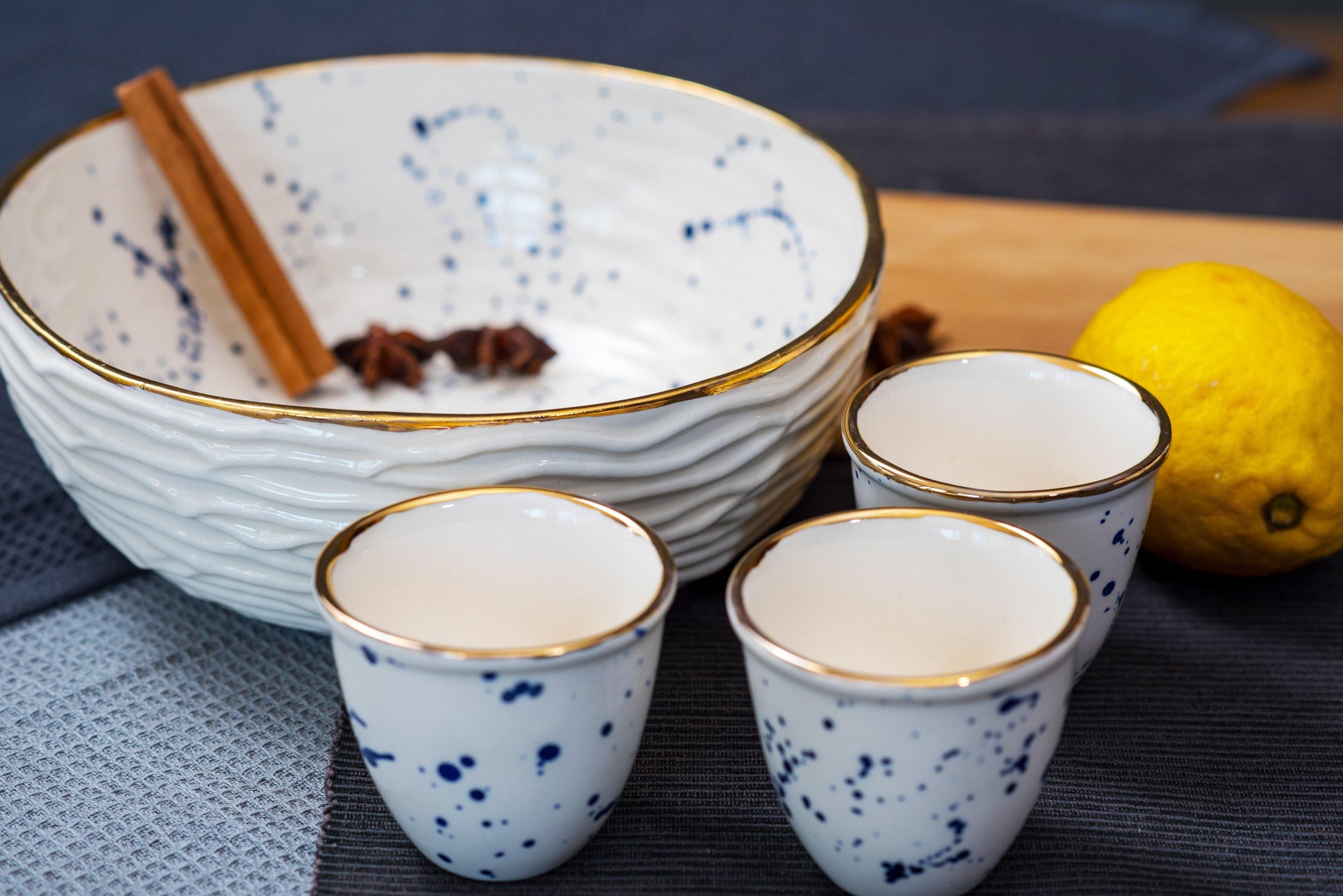 Porcelain salad bowl hand painted in white with blue splashes & 22k genuine gold luster - ZLATNAporcelain