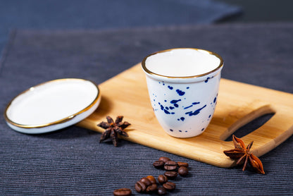 Set of 2 porcelain espresso cups in white and blue splashes & 24k genuine gold luster details - ZLATNAporcelain