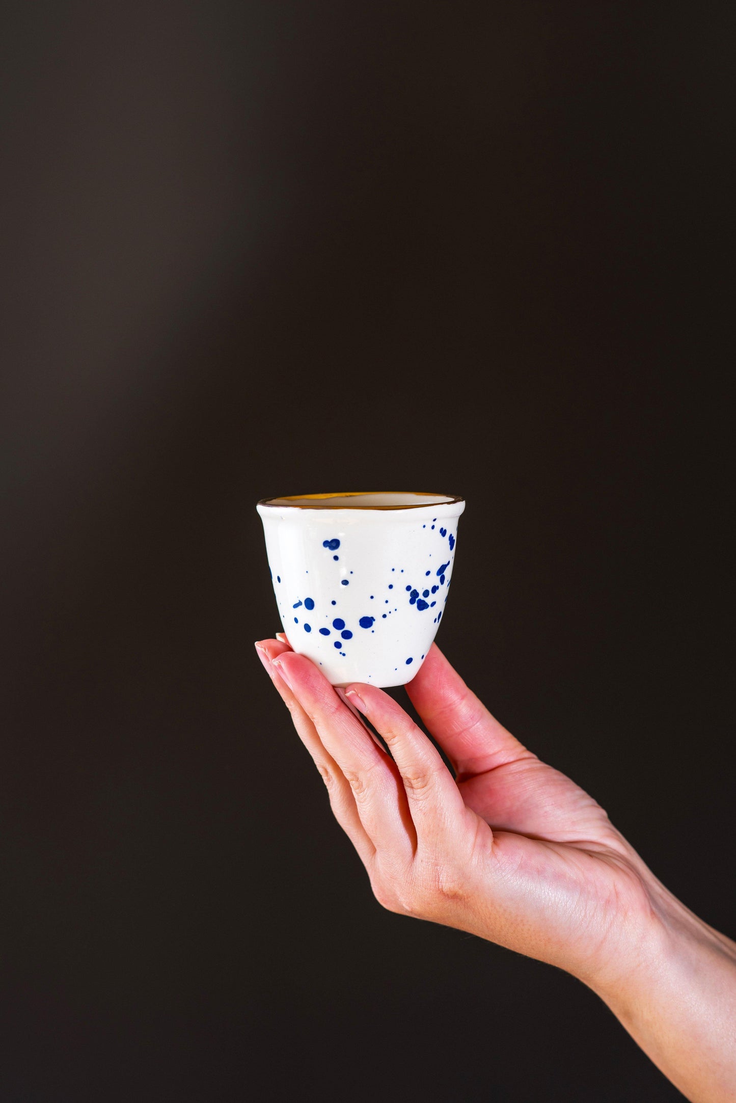 Set of 2 porcelain espresso cups in white and blue splashes & 24k genuine gold luster details - ZLATNAporcelain