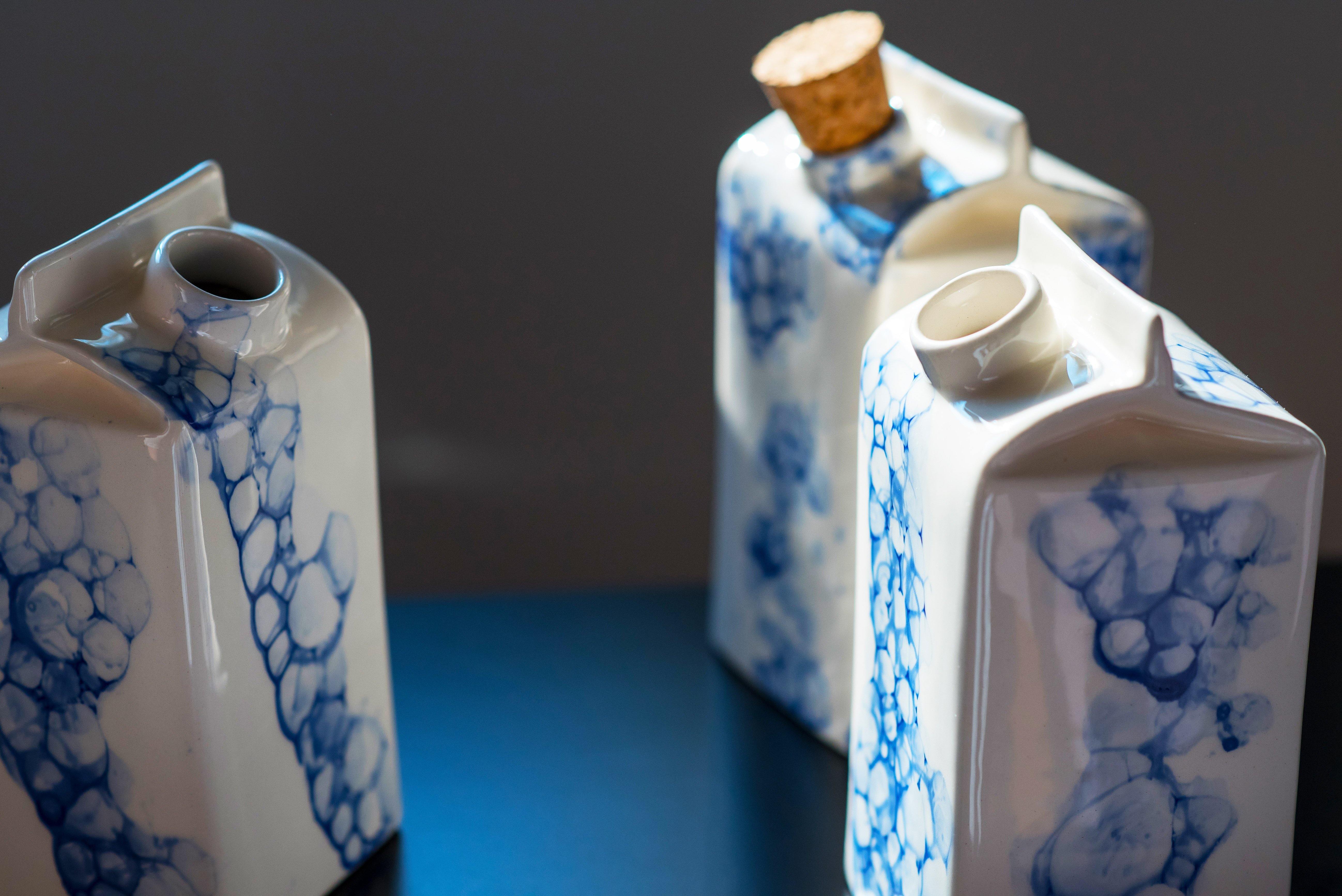Porcelain small milk bottle/vase - white with blue bubbles - ZLATNAporcelain