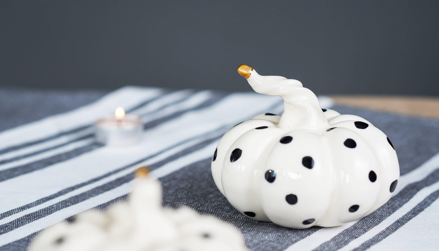 BLACK DOTTED WHITE PORCELAIN PUMPKIN STATUE WITH GOLD - ZLATNAporcelain