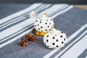 Open image in slideshow, PORCELAIN SMALL BLACK DOTTED PUMPKIN FIGURINE WITH REAL GOLD - ZLATNAporcelain
