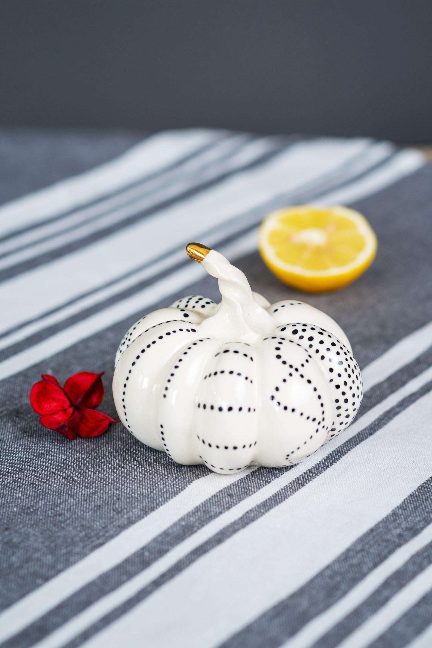 WHITE PORCELAIN BLACK DOTTED PUMPKIN STATUE WITH GOLD - ZLATNAporcelain