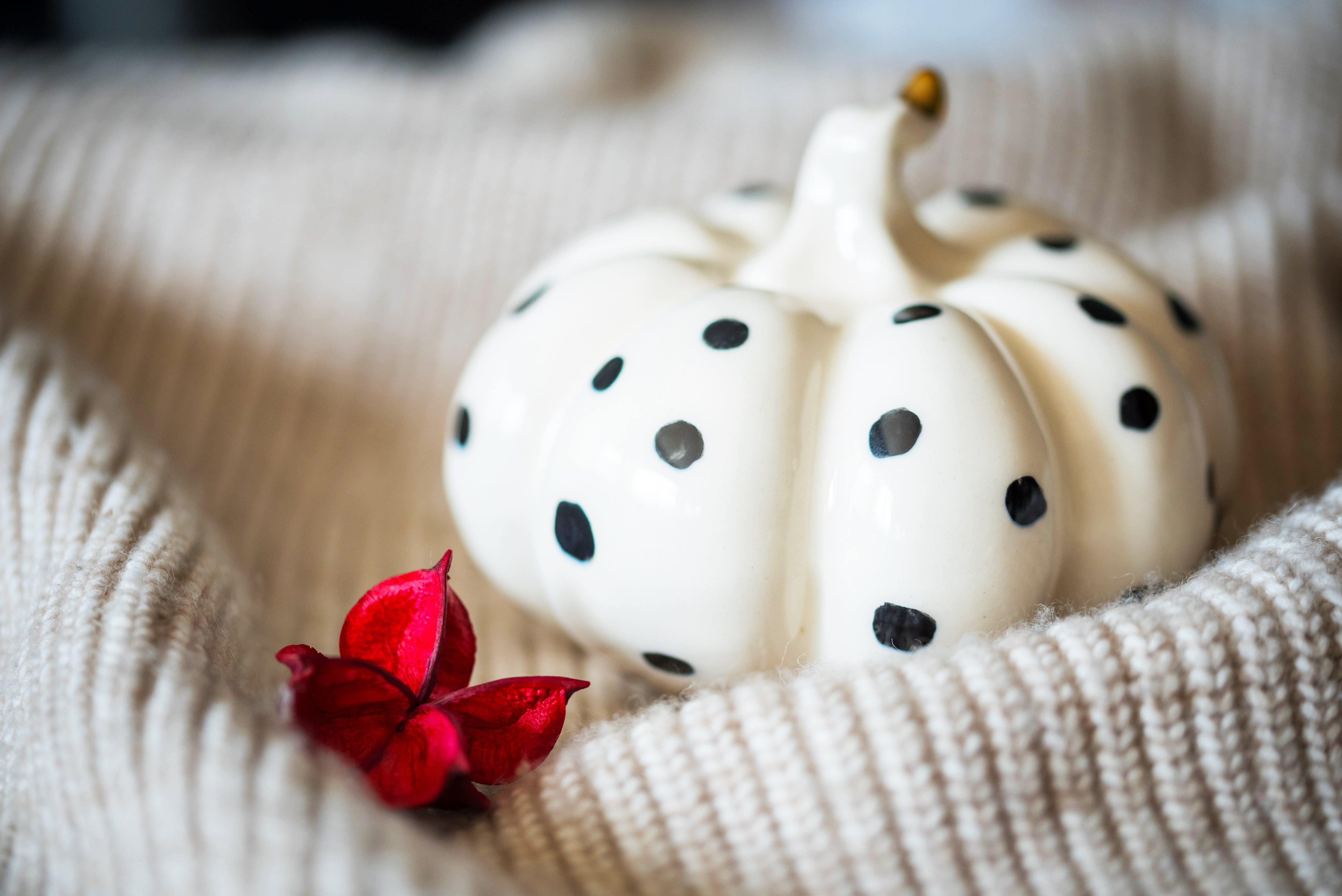 BLACK DOTTED WHITE PORCELAIN PUMPKIN STATUE WITH GOLD - ZLATNAporcelain