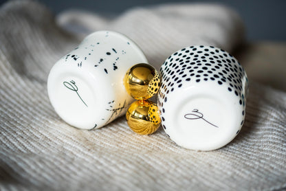 Porcelain white cup with hand painted black dots & 22k genuine gold luster handle - ZLATNAporcelain