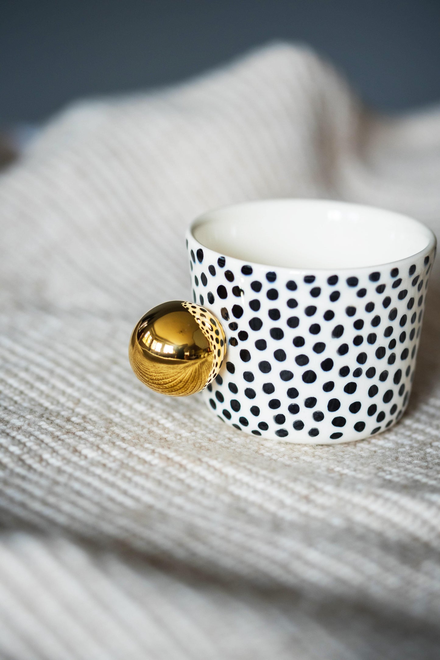 Porcelain white cup with hand painted black dots & 22k genuine gold luster handle - ZLATNAporcelain